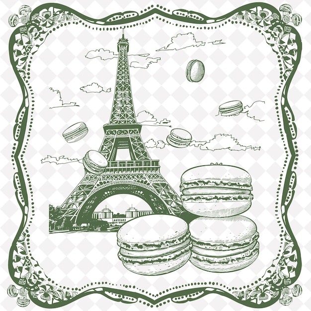 PSD png shabby chic parisian folk art with eiffel towers and macaron tradional outline art collection