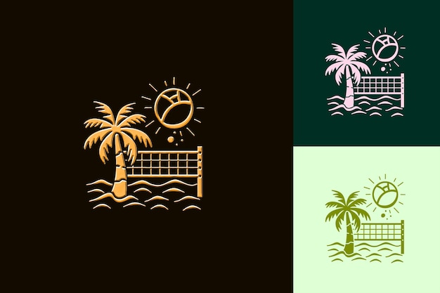 PSD png volleyball with beach themed logo featuring a palm tree sun outline art creative designs