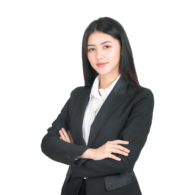 PSD portrait of a business woman beautiful asian cute girl whit suit standing arms crossed isolated on white background with copy space business people concept