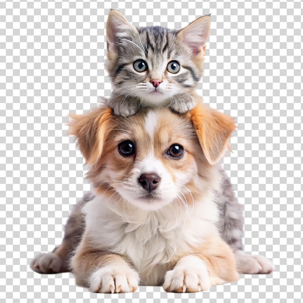 PSD portrait of a cute cat on adorable puppy on transparent background