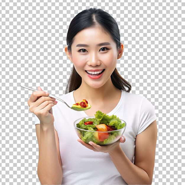 PSD portrait of healthy asian woman eating vegan food