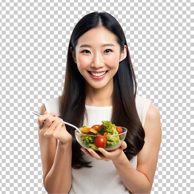 PSD portrait of healthy asian woman eating vegan food