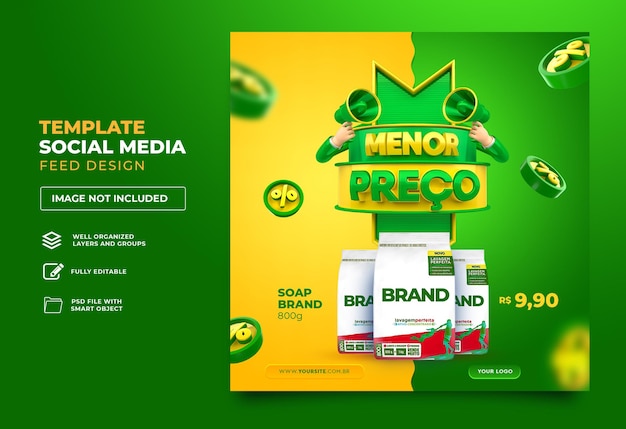 Post social media in brazil low price 3d render template design portuguese