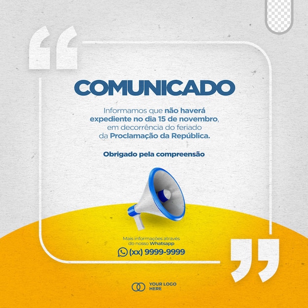 Post social media feed important announcement with megaphone 3d in brazil