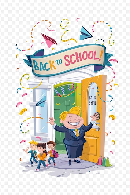 PSD a poster for back to school with a cartoon character and a banner saying back to school