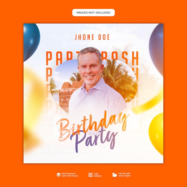 a poster for a birthday party with a man in a striped shirt