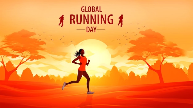 PSD poster for global running day with a woman running in the background