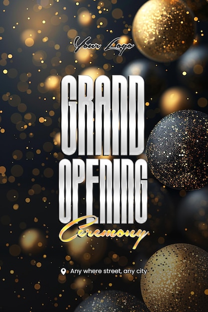 A poster for grand opening Background with colorful balloons Ribbon and Scissors