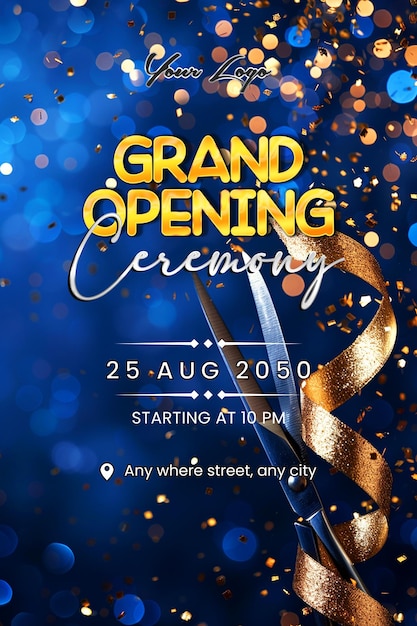 A poster for grand opening Background with colorful balloons Ribbon and Scissors