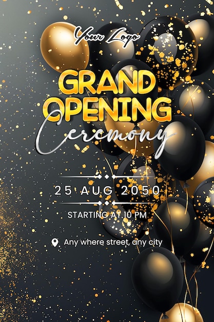 A poster for grand opening Background with colorful balloons Ribbon and Scissors