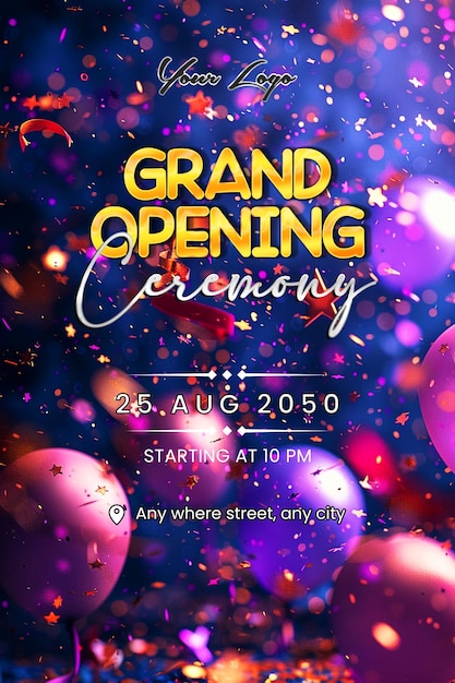 A poster for grand opening Background with colorful balloons Ribbon and Scissors