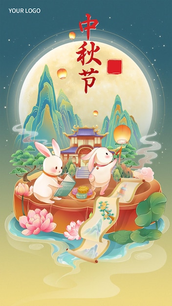 PSD a poster for a japanese garden with two bunnies and a japanese sign with the word bunnies on it