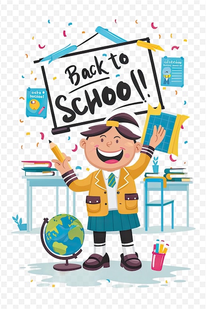 PSD a poster of a school with a boy and a sign saying back to school