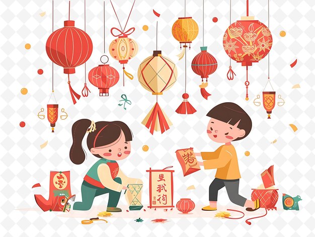 PSD a poster with a boy and a girl carrying a box with chinese lanterns