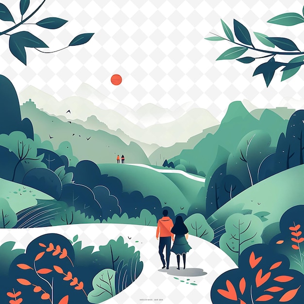 PSD a poster with a couple walking in a forest with trees and a sun in the background