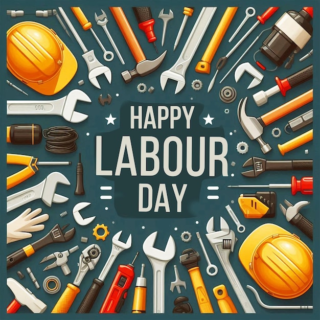 PSD a poster with various tools and a sign that says happy labour day labor day of usa