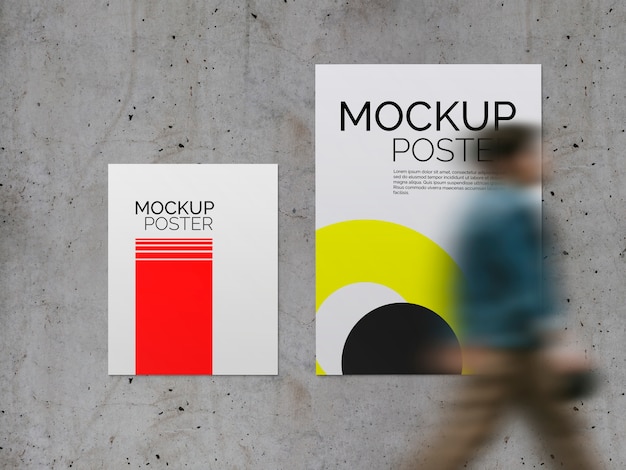 Posters with walking man on concrete surface mockup