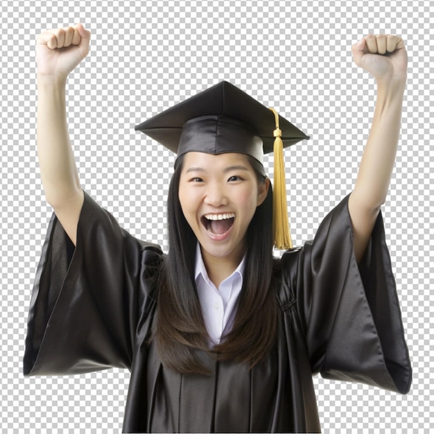 PSD pretty female asian celebrating graduation isolated on transparent background