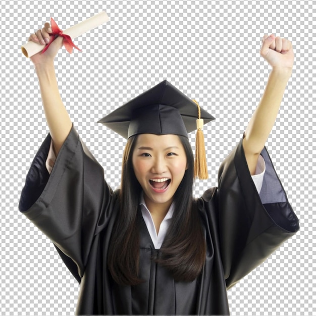 PSD pretty female asian celebrating graduation isolated on transparent background