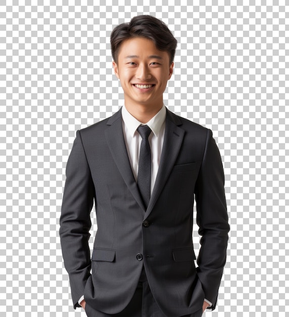 Professional young man in a dark gray suit isolated on transparent background