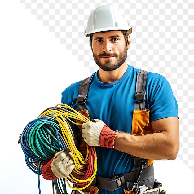 Professionele elektricien in blauw T-shirt en witte helm