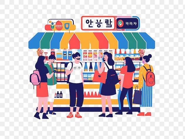 PSD psd 2d flat design city simple art seoul with characters shopping in a bustling night market de