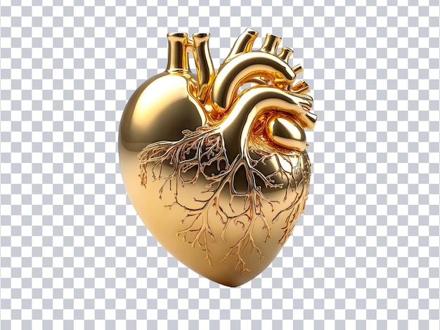 PSD 3d rendered illustration of a metallic golden heart on transparent background