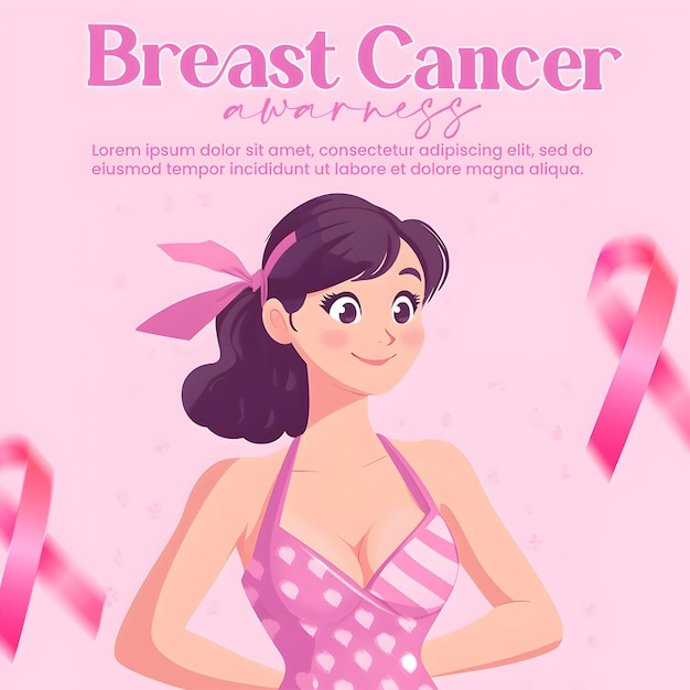 PSD for breast cancer awareness poster with woman cartoon illustration and Pink ribbon background