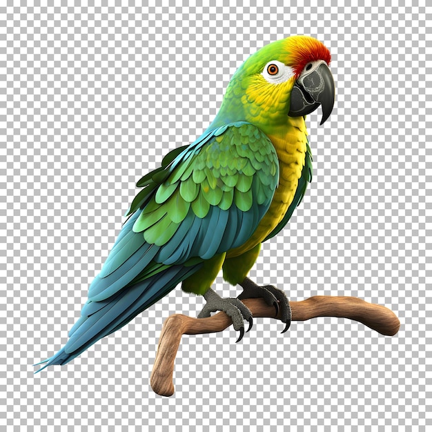 PSD colourful parrot on wooden branch isolated on transparent background