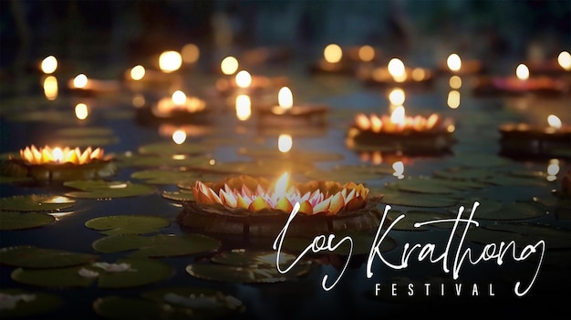 PSD psd editable burning lotus candle in the river in loy krathong festival with candle bokeh background