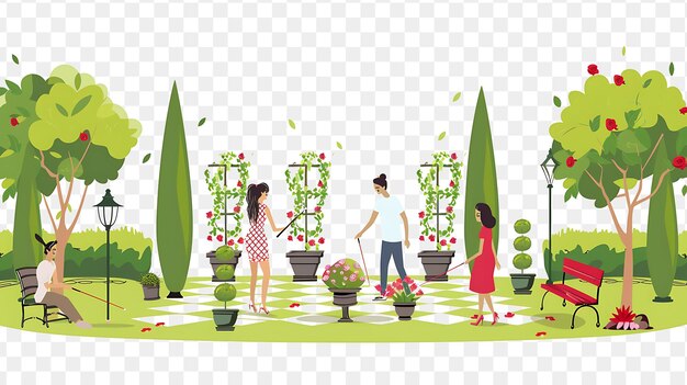 PSD psd english garden with characters having a croquet match design 2d flat art simple wedding concept