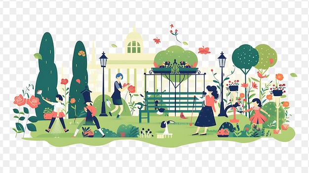 PSD psd english garden with characters having a croquet match design 2d flat art simple wedding concept