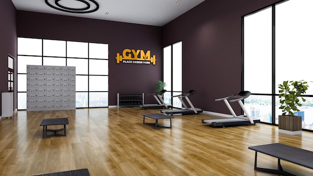 PSD psd gym wall logo mockup in the athlete fitness or gym room with black wall