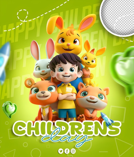 PSD happy children s day greeting editable poster design with cartoon illustration background