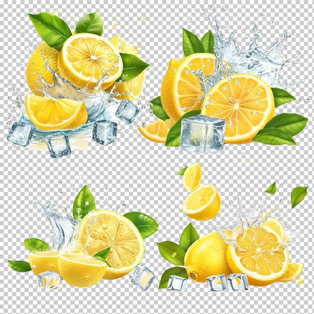 PSD lemon fruit with green leaves water splash and ice cubes capturing essence of refreshing cool