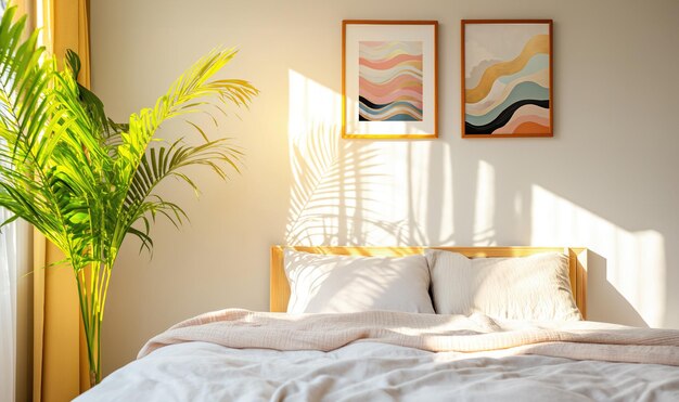 PSD psd mockup of a set of 2 brown frames hanging on the wall in a cozy bedroom with plants and sunlight