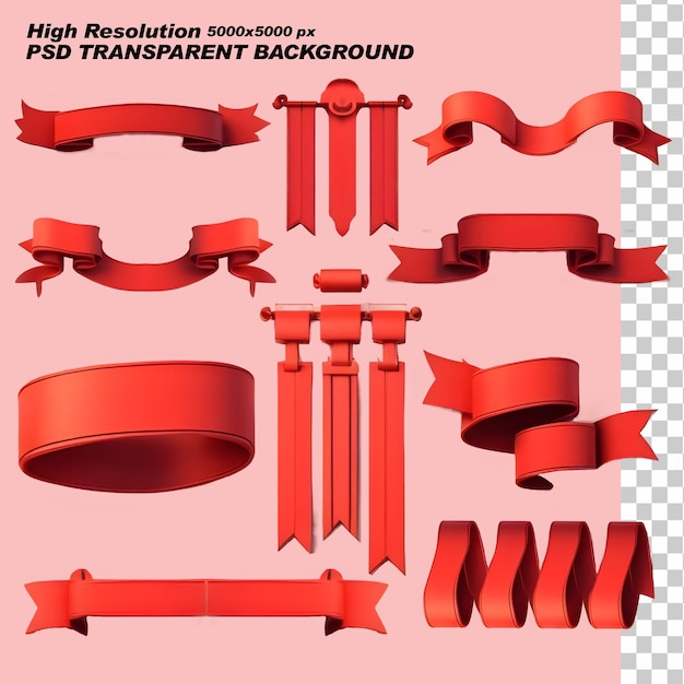 PSD red ribbons and banners collection 3d png on isolated transparent background