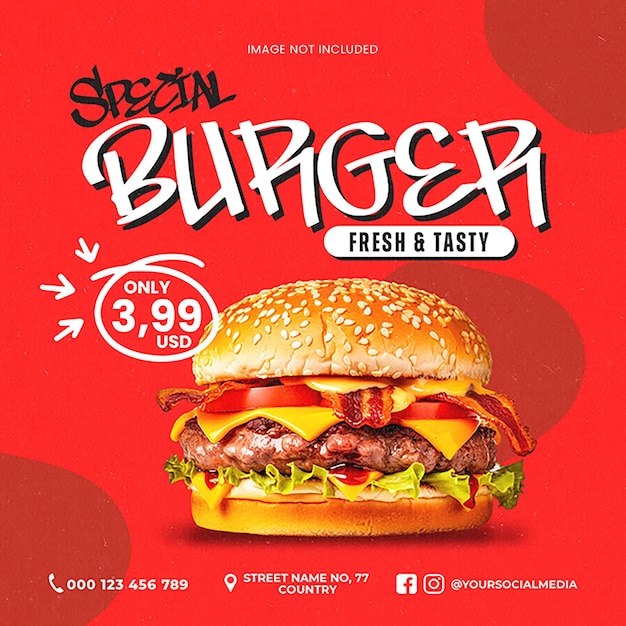 PSD psd special burger on red background instagram post template