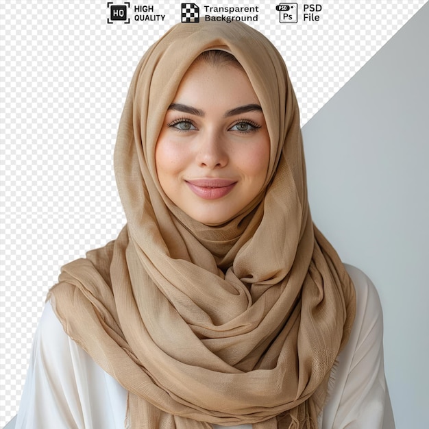 PSD psd transparent background young woman in beige hijab looking cute and smiling in front of a white wall wearing a white shirt and brown scarf with blue and brown eyes a nose png