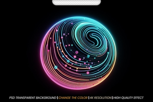 PSD psd violet neon color circles round curve shape with wavy dynamic lines on transparent background