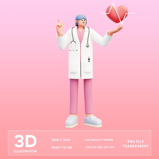 PSD psd woman doctor showing heartbeat and pointing up 3d illustration