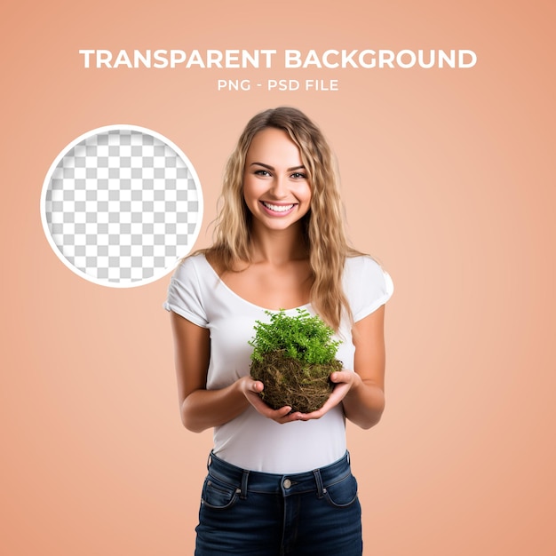 PSD Woman with Plant in Hand PNG Transparent