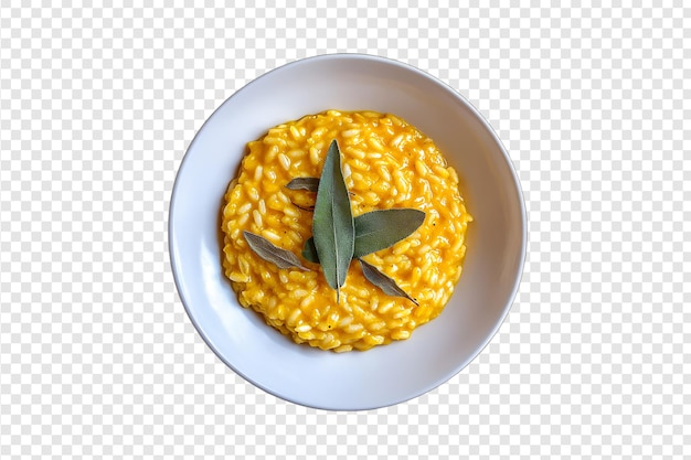 PSD pumpkin risotto with sage leaves on a plate isolated on a transparent background