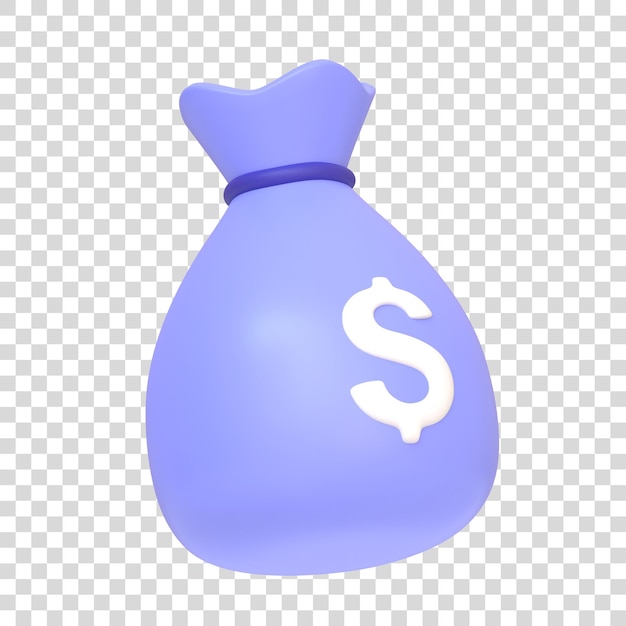 Purple money bag icon with white dollar sign on white background Minimalist cartoon style 3D render