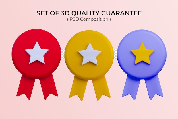 PSD quality guarantee ribbon icon with star premium quality label 3d render isolated