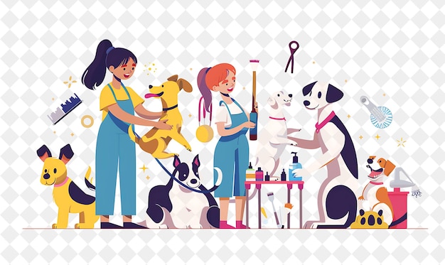 PSD quirky pet groomer z postaciami grooming and pampering pe png people in daily work ilustracja