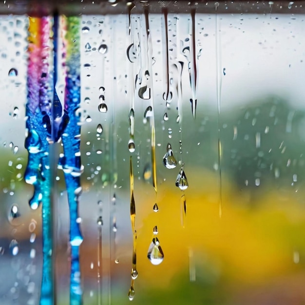 PSD raindrops are on a window with a rainbow in the background