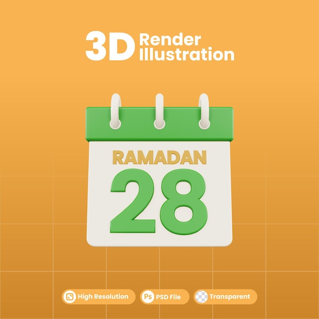 PSD ramadan calendar number 28 isolated template 3d illustration