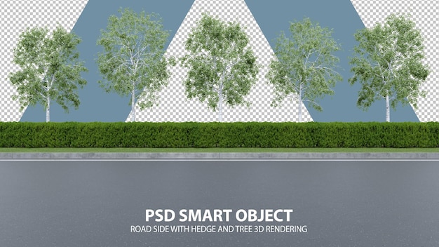 PSD realistic road side with hedge and tree 3d rendering of isolated objects