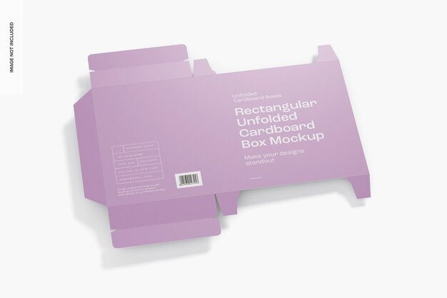 PSD rectangular unfolded cardboard box mockup, high angle view